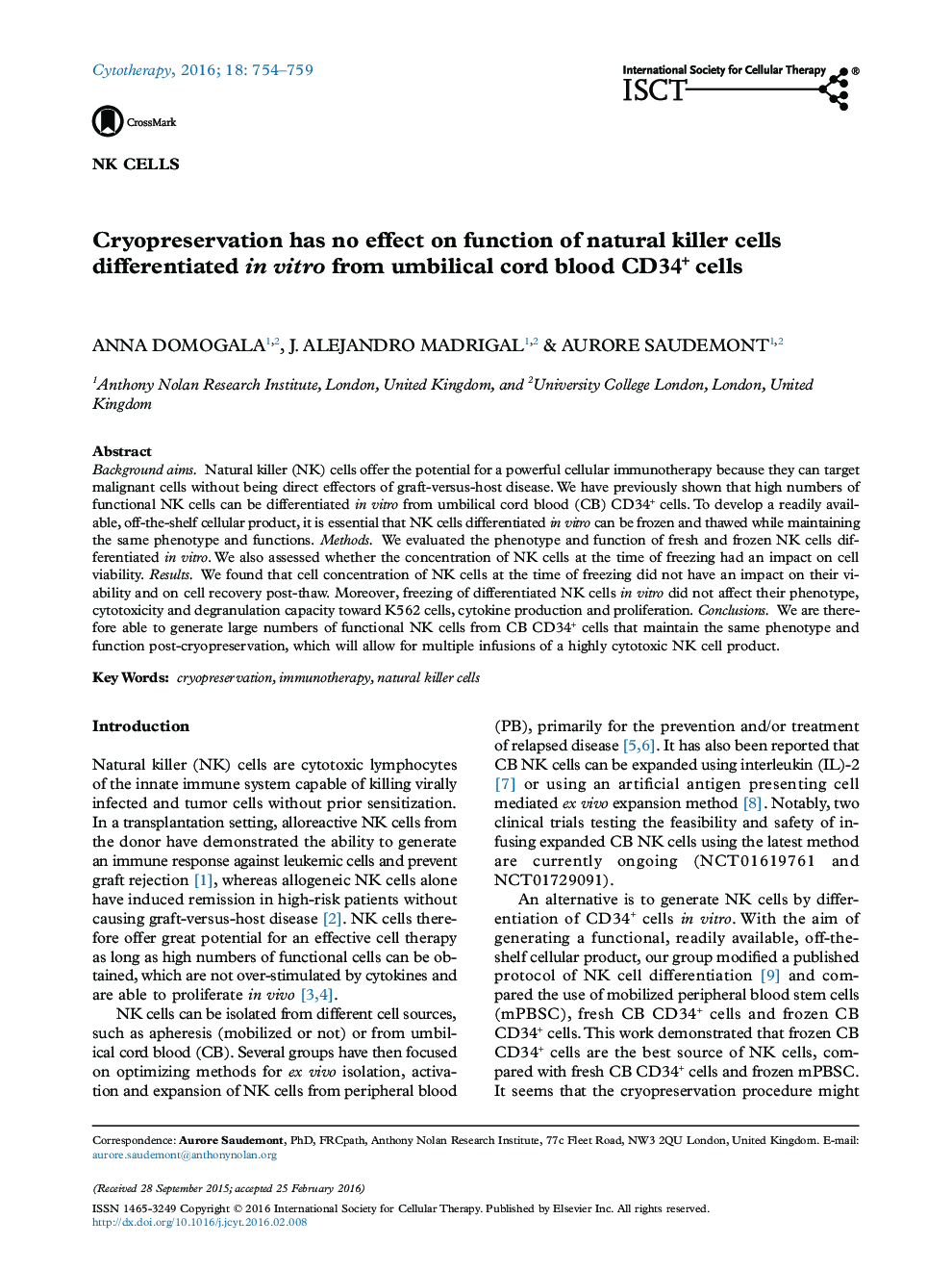 Cryopreservation has no effect on function of natural killer cells differentiated in vitro from umbilical cord blood CD34+ cells