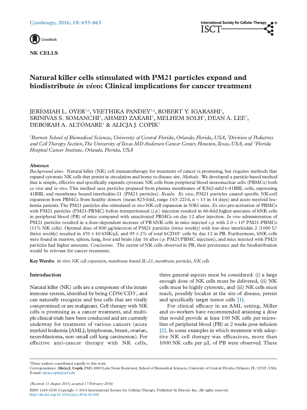 Natural killer cells stimulated with PM21 particles expand and biodistribute in vivo: Clinical implications for cancer treatment