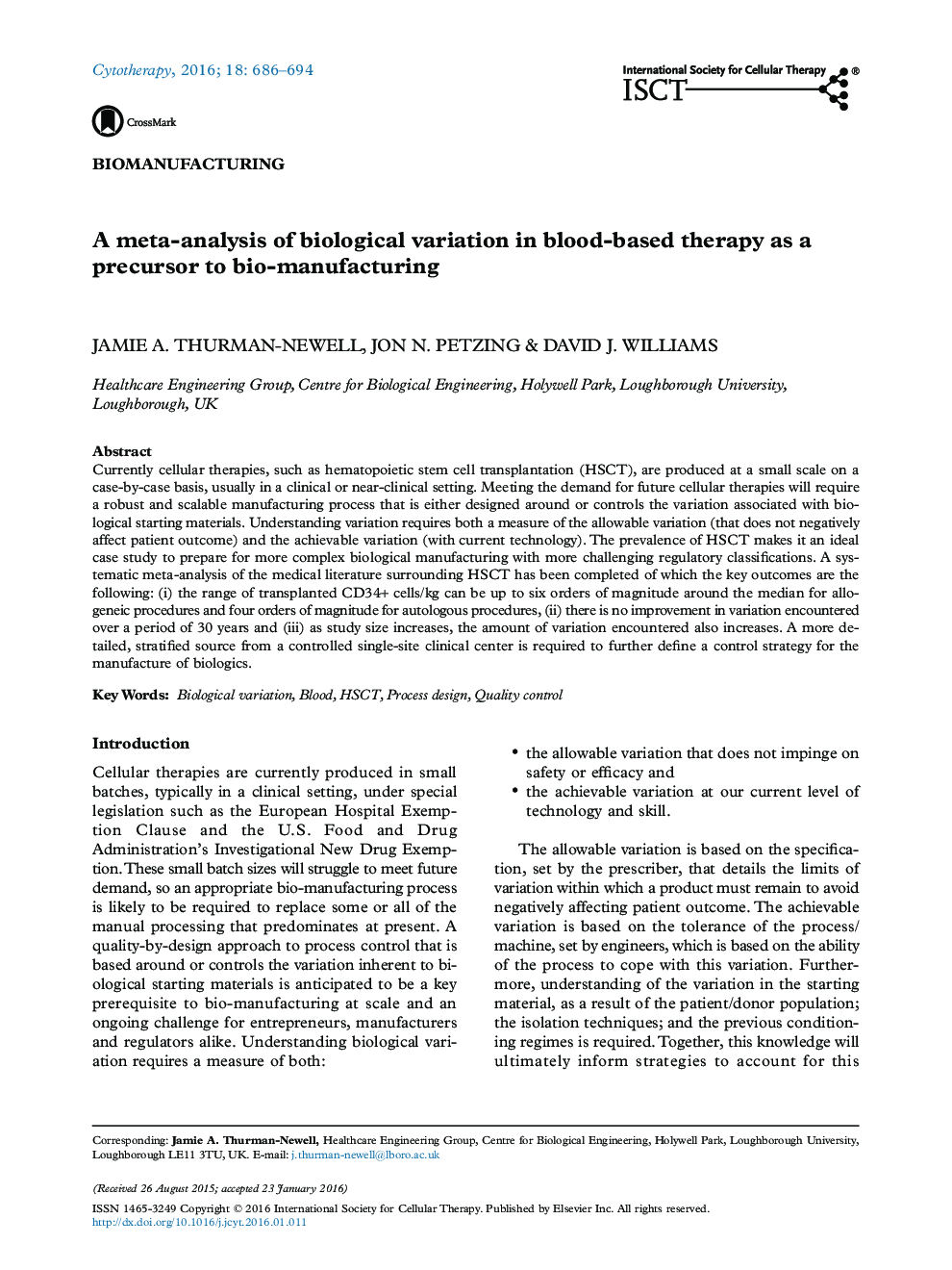 A meta-analysis of biological variation in blood-based therapy as a precursor to bio-manufacturing