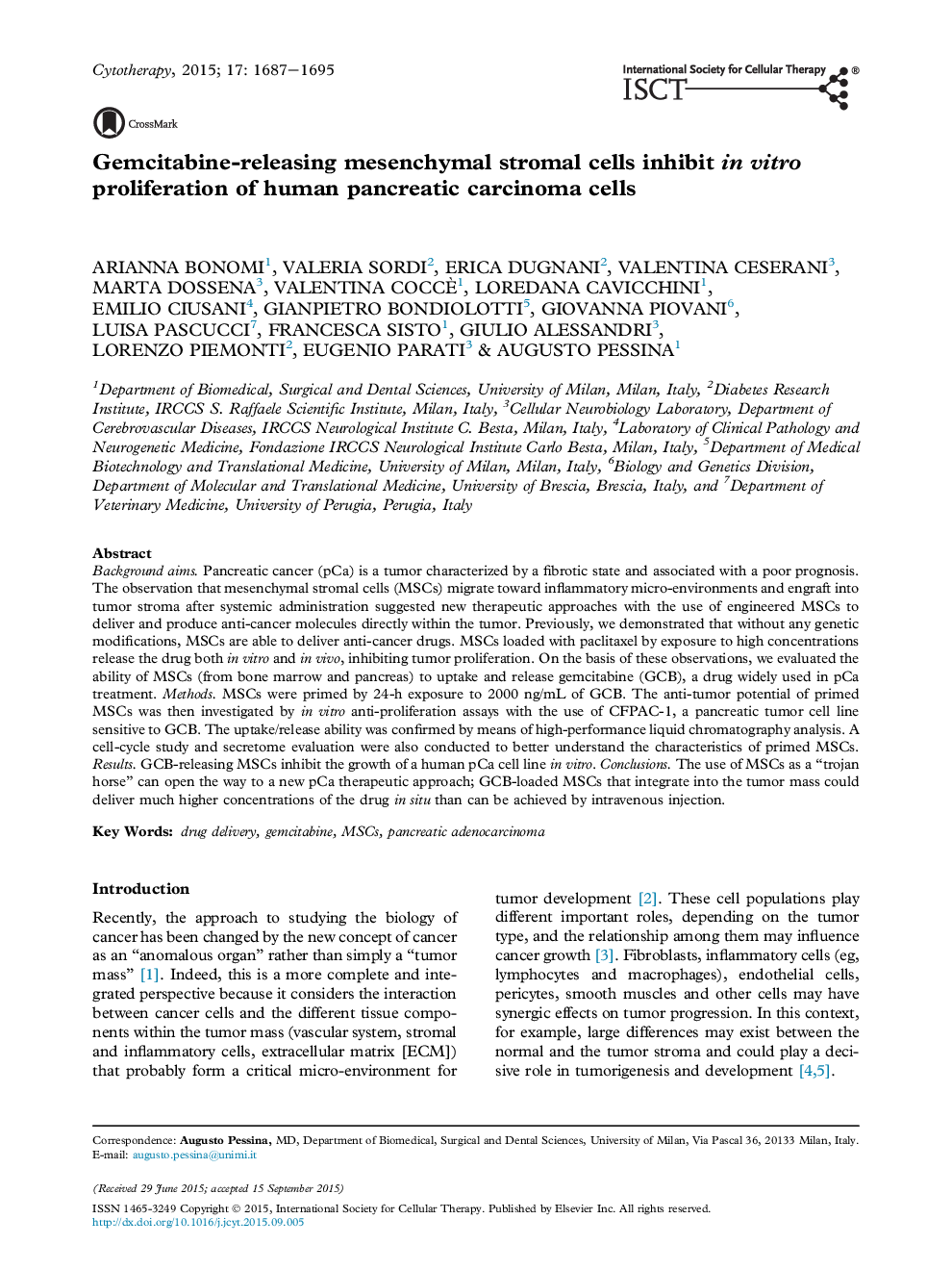 Gemcitabine-releasing mesenchymal stromal cells inhibit in vitro proliferation of human pancreatic carcinoma cells