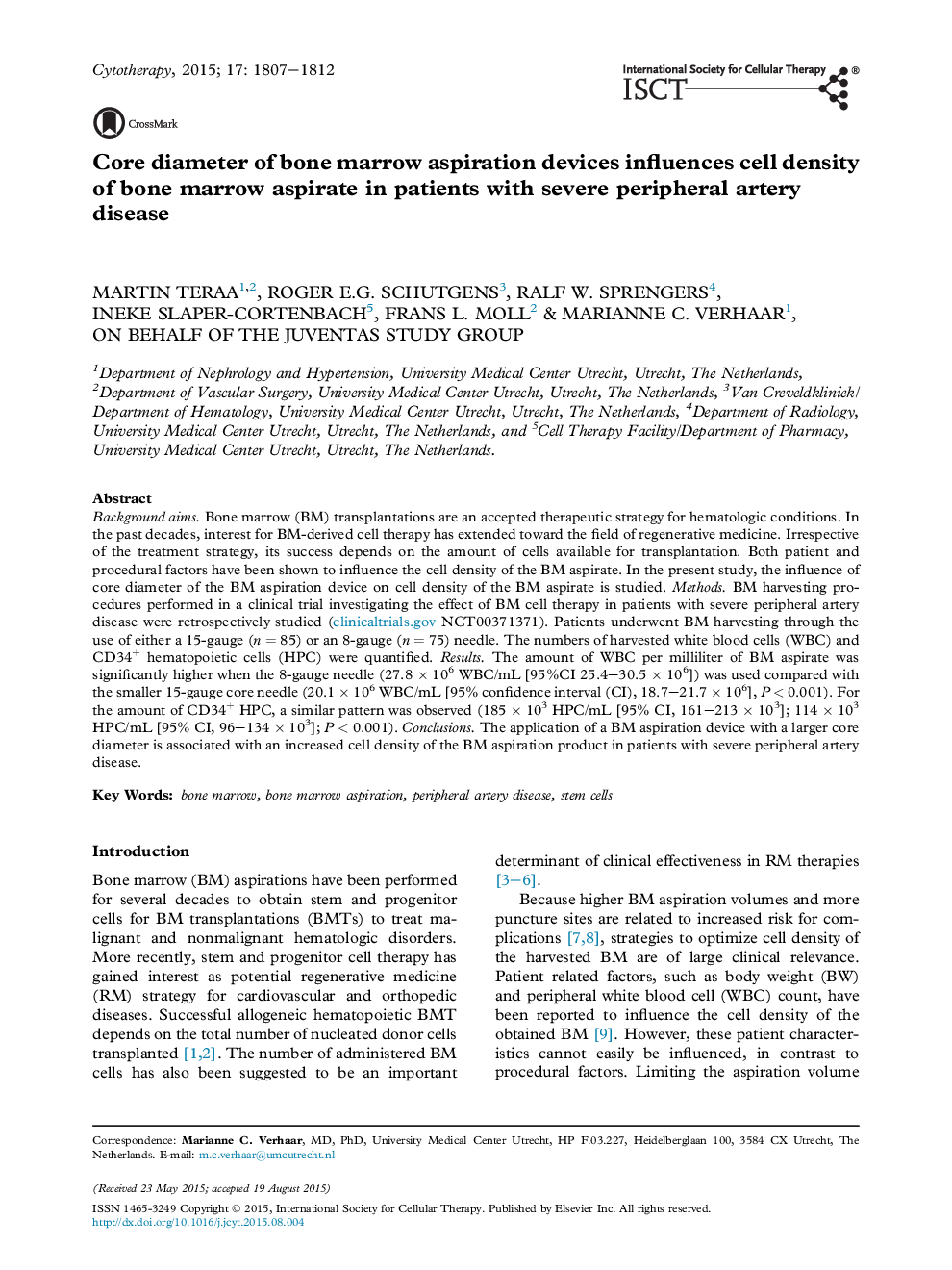 قطر هسته دستگاه آسپیراسیون مغز استخوان بر روی تراکم سلول آسپیراسیون مغز استخوان در بیماران مبتلا به بیماری شریانی محیطی تأثیر می گذارد 