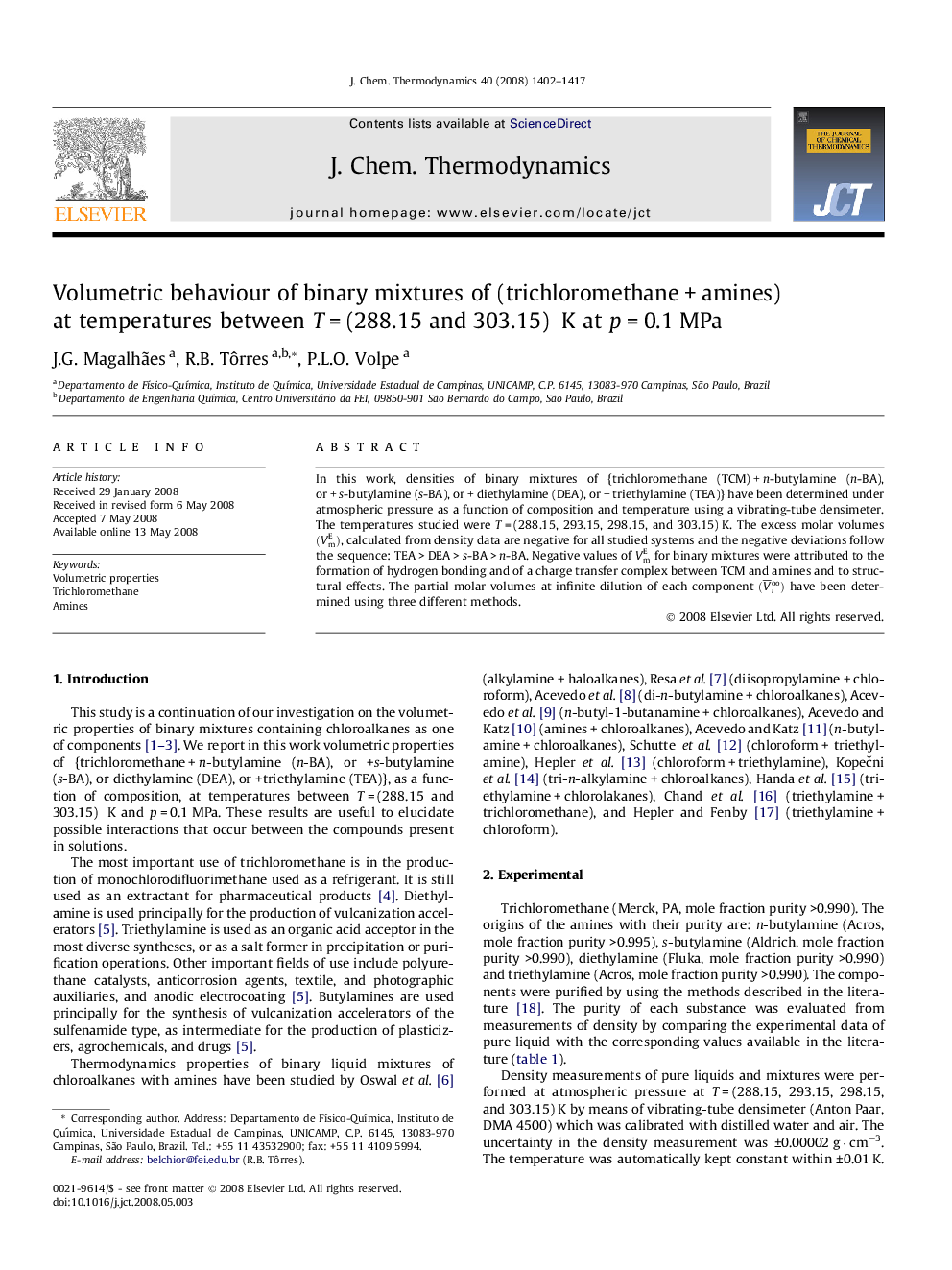 Volumetric behaviour of binary mixtures of (trichloromethane + amines) at temperatures between T = (288.15 and 303.15) K at p = 0.1 MPa