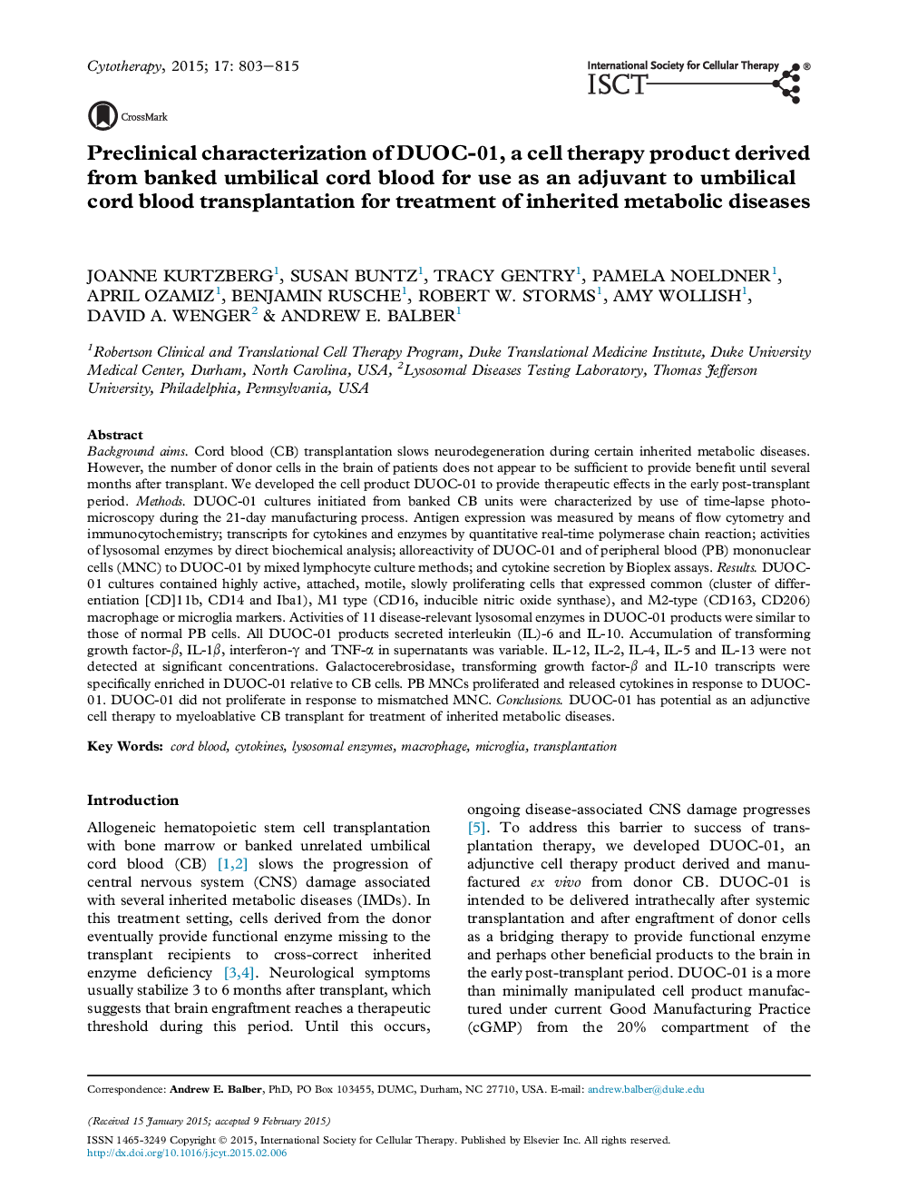 Preclinical characterization of DUOC-01, a cell therapy product derived from banked umbilical cord blood for use as an adjuvant to umbilical cord blood transplantation for treatment of inherited metabolic diseases