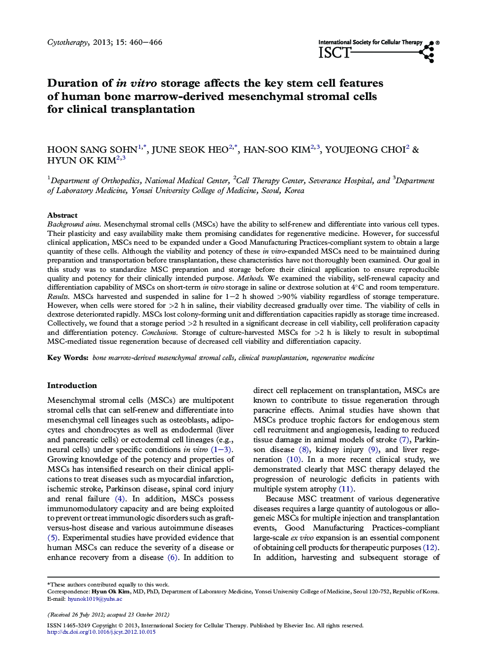 Duration of in vitro storage affects the key stem cell features of human bone marrow-derived mesenchymal stromal cells for clinical transplantation