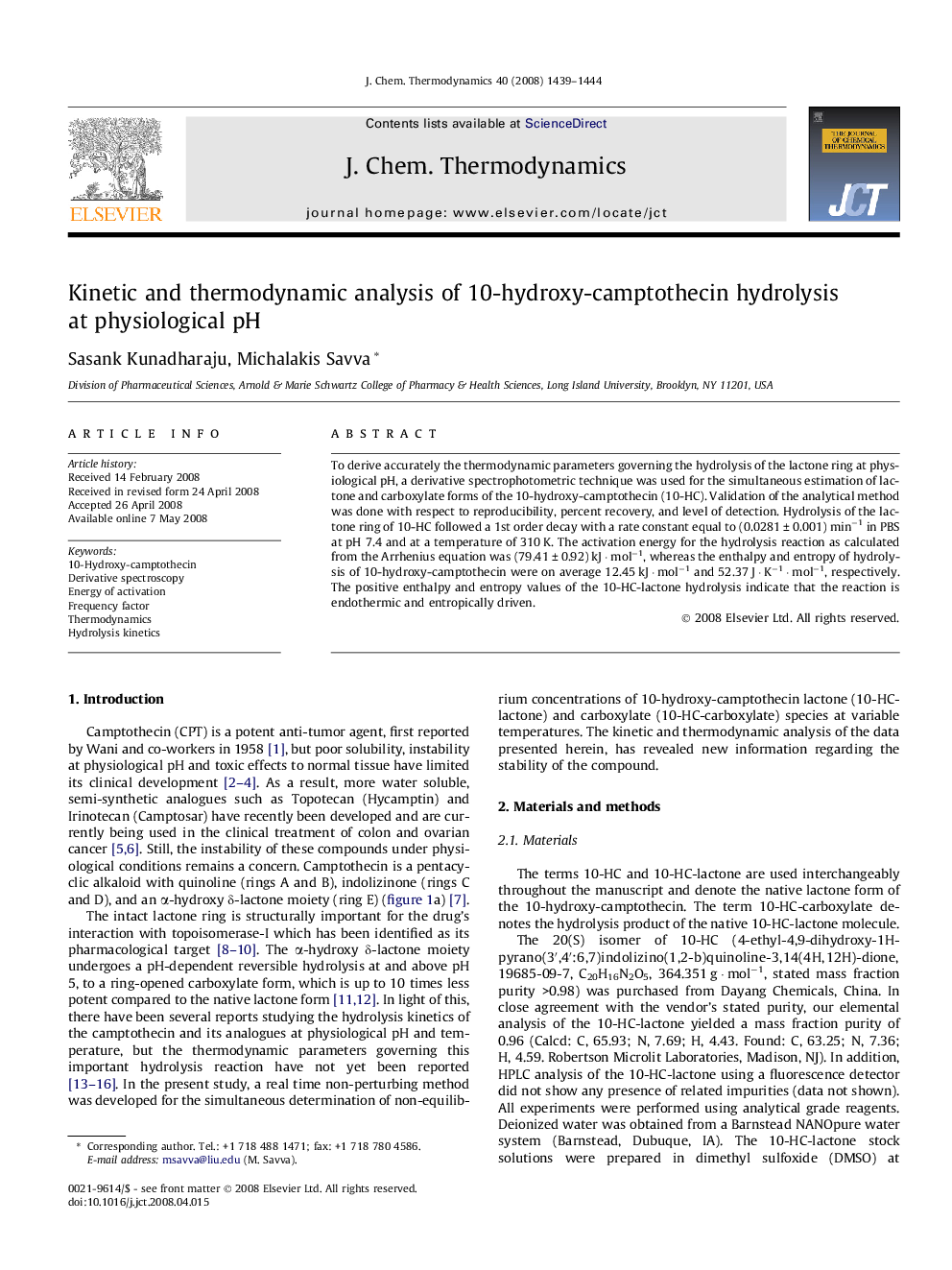 Kinetic and thermodynamic analysis of 10-hydroxy-camptothecin hydrolysis at physiological pH