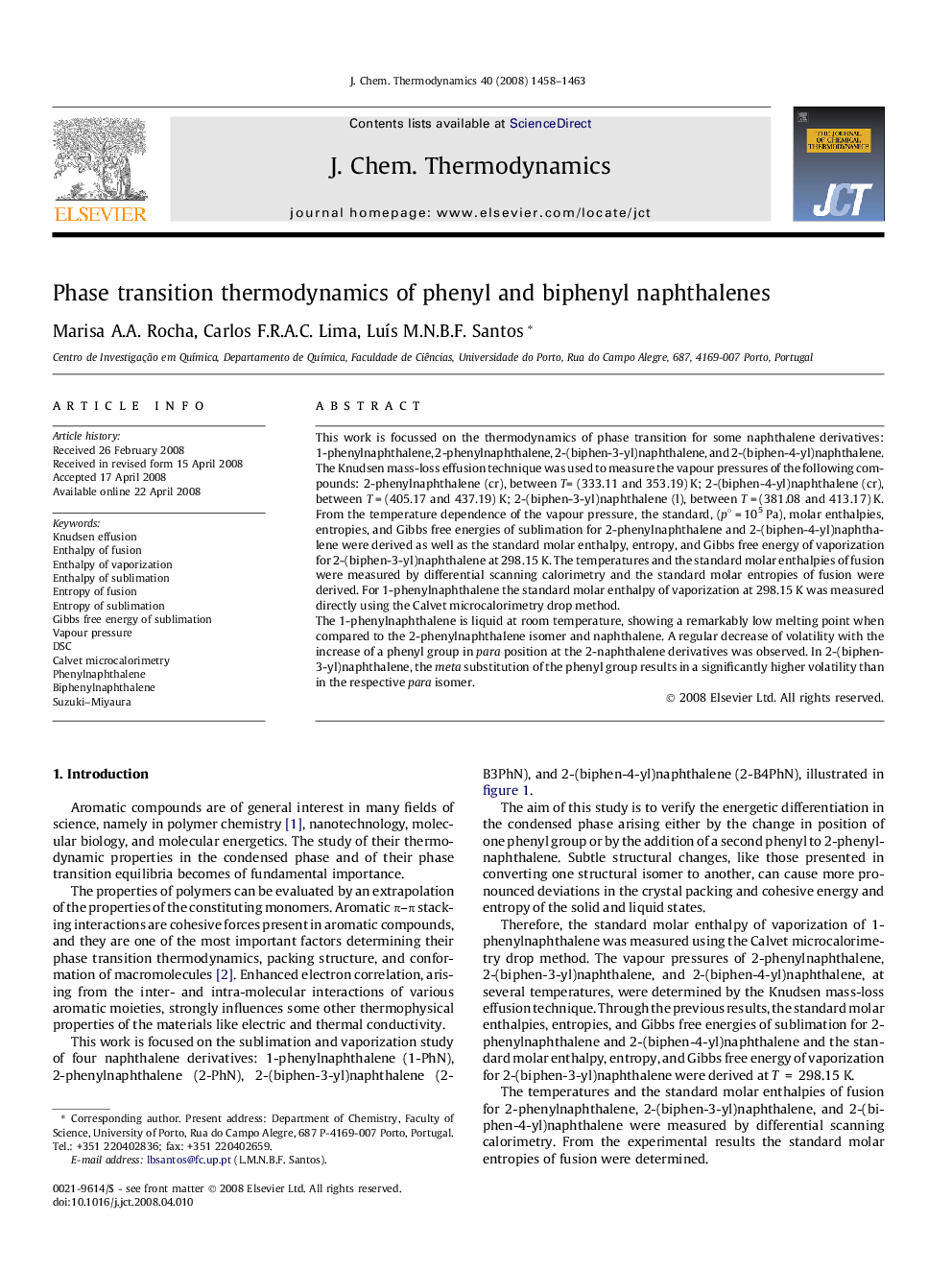 Phase transition thermodynamics of phenyl and biphenyl naphthalenes