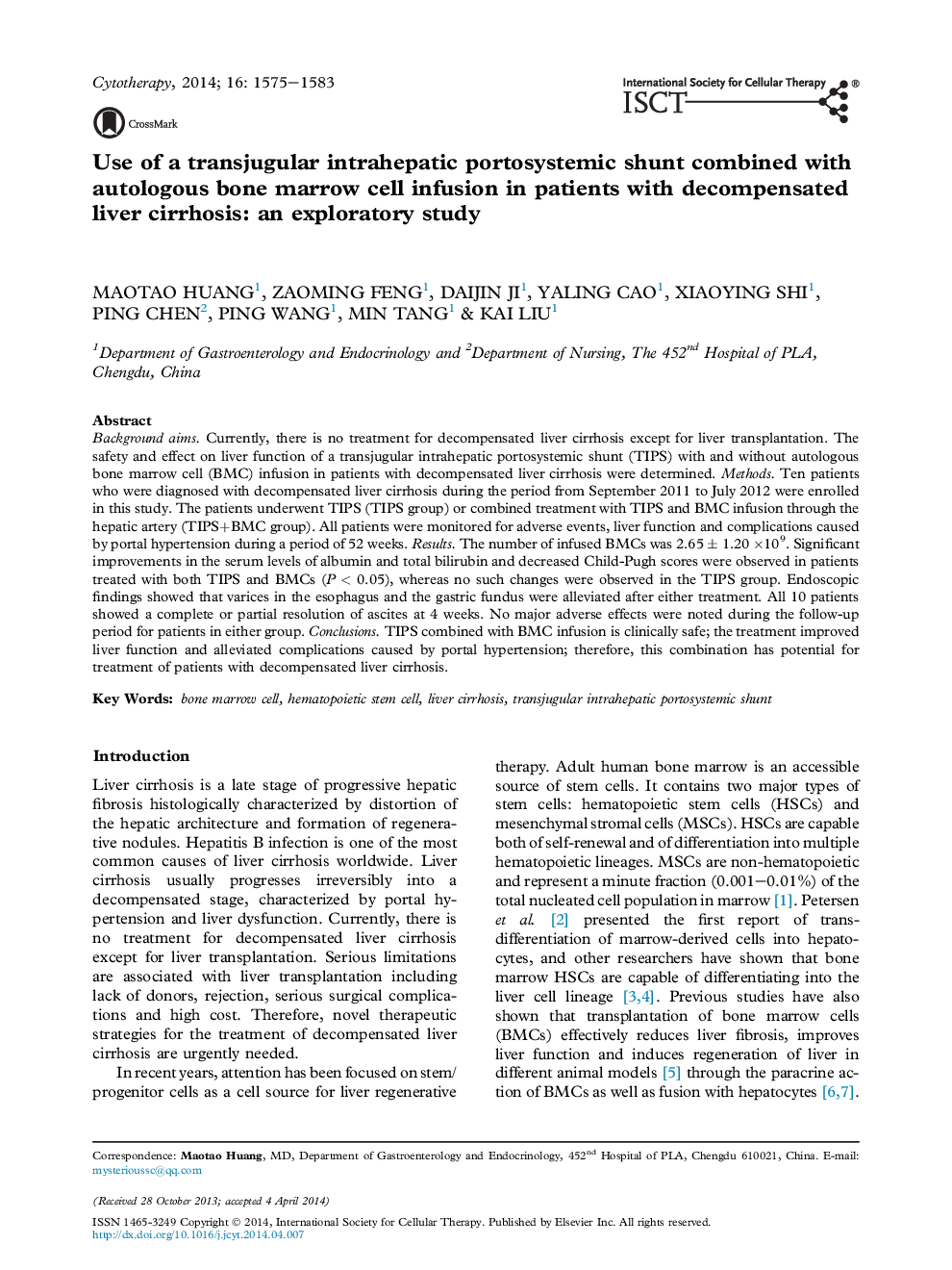 استفاده از یک شنت پورتوژئیدیک داخل مغزی با ترکیب با تزریق سلول های مغز استخوان اتولوگ در بیماران مبتلا به سیروز کبدی پرفشاری خون: یک مطالعه اکتشافی 