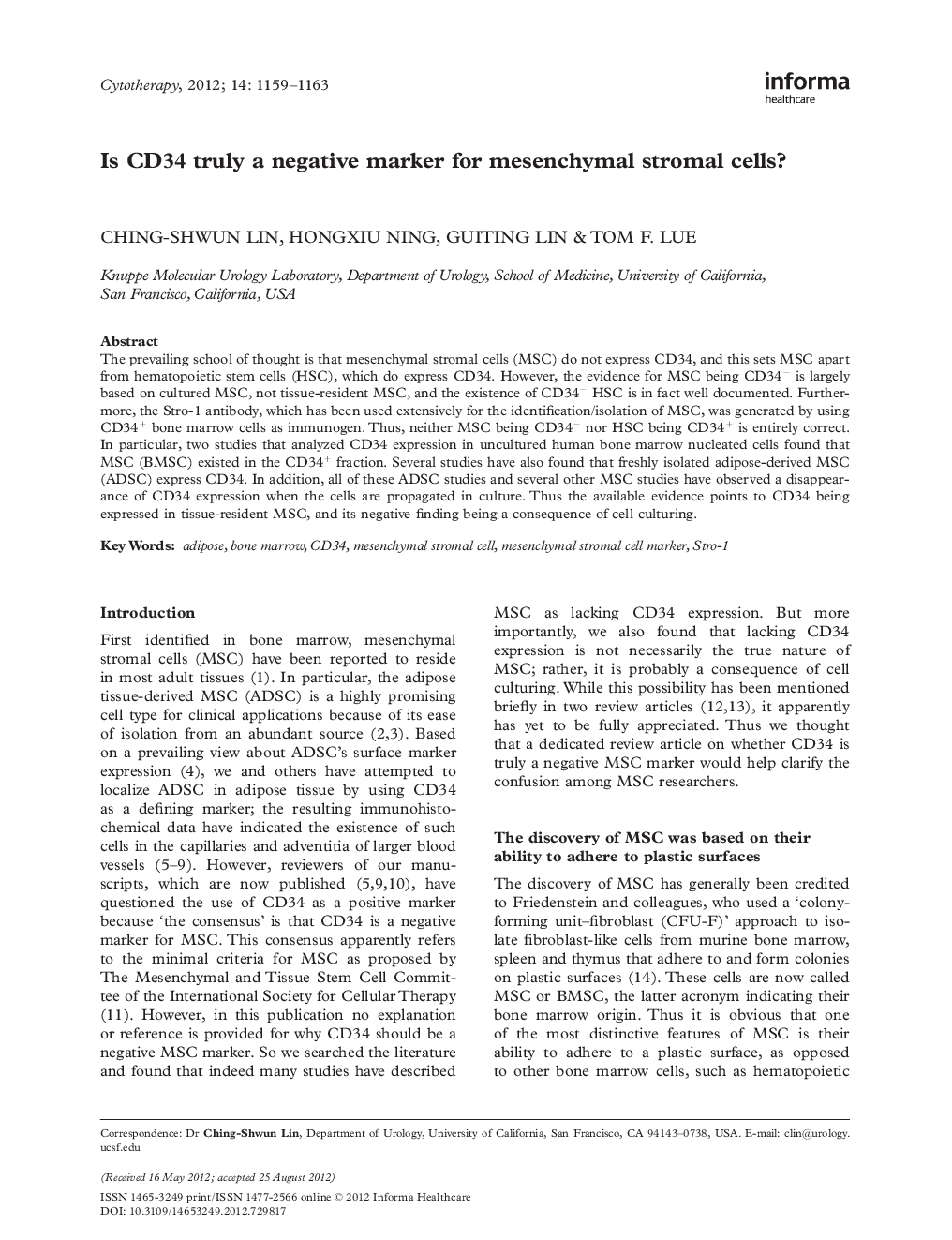 Is CD34 truly a negative marker for mesenchymal stromal cells?