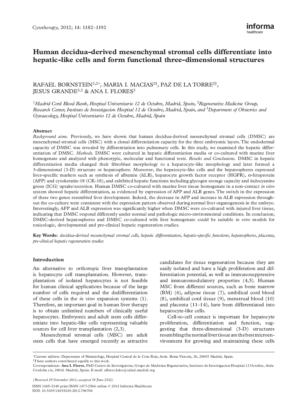 Human decidua-derived mesenchymal stromal cells differentiate into hepatic-like cells and form functional three-dimensional structures