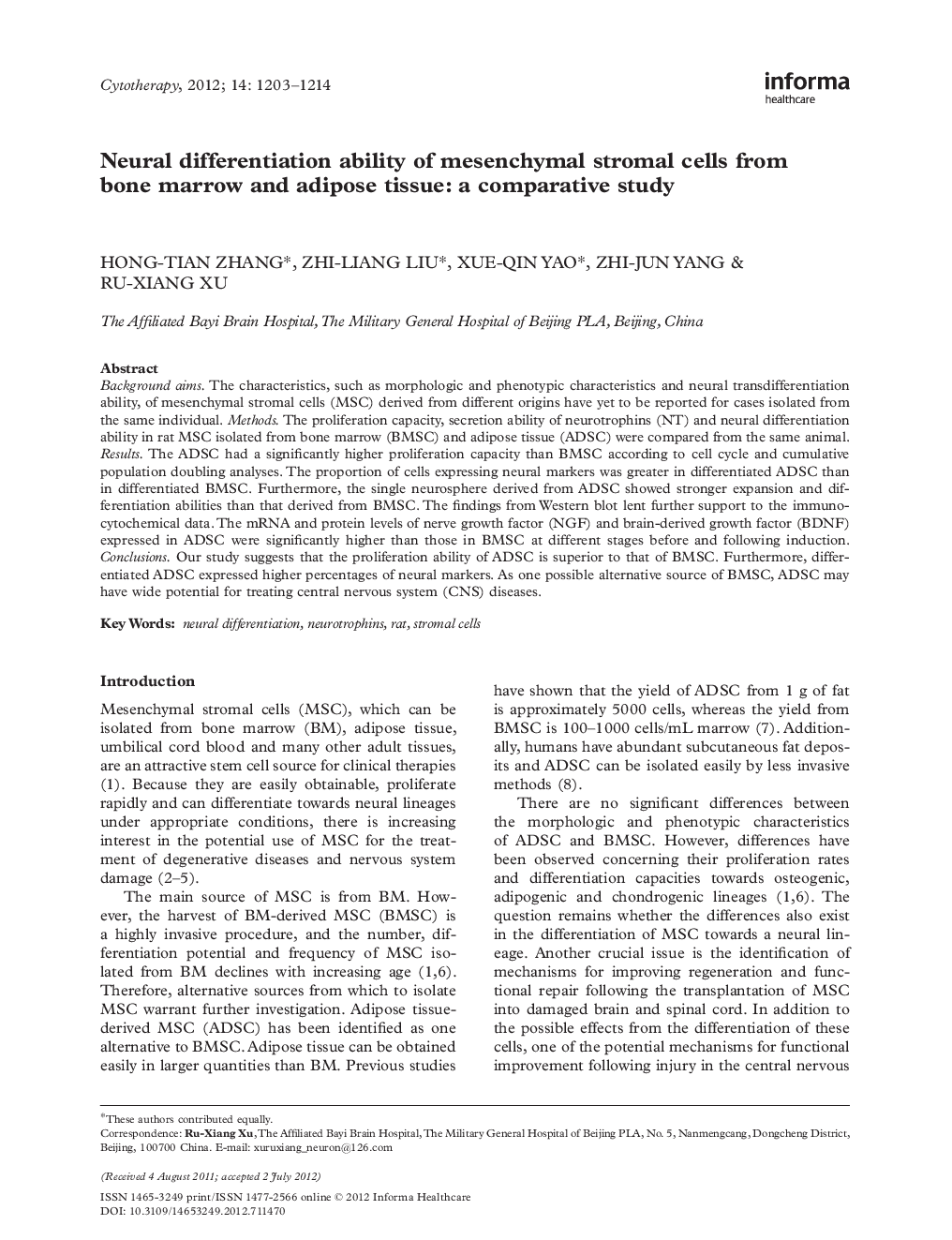 Neural differentiation ability of mesenchymal stromal cells from bone marrow and adipose tissue: a comparative study