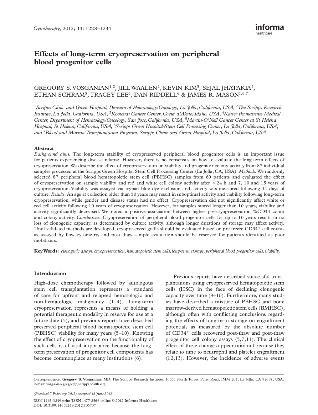 Effects of long-term cryopreservation on peripheral blood progenitor cells