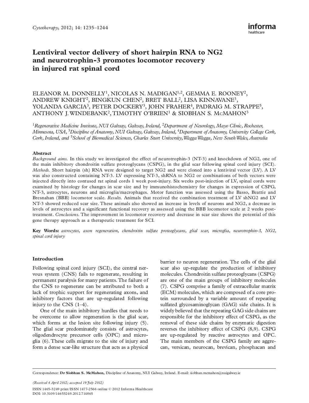 Lentiviral vector delivery of short hairpin RNA to NG2 and neurotrophin-3 promotes locomotor recovery in injured rat spinal cord