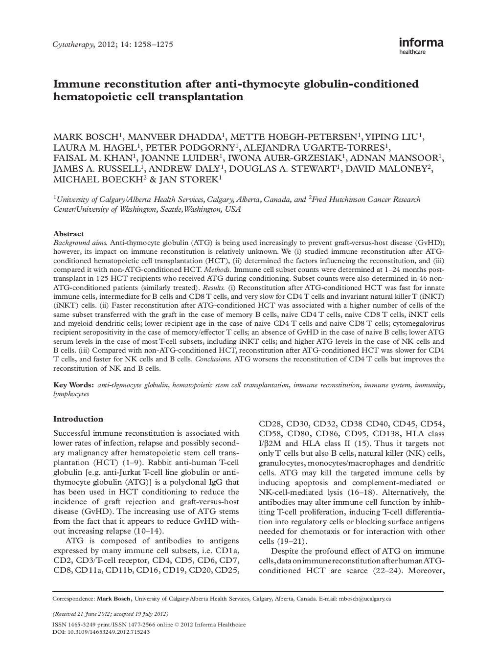 Immune reconstitution after anti-thymocyte globulin-conditioned hematopoietic cell transplantation