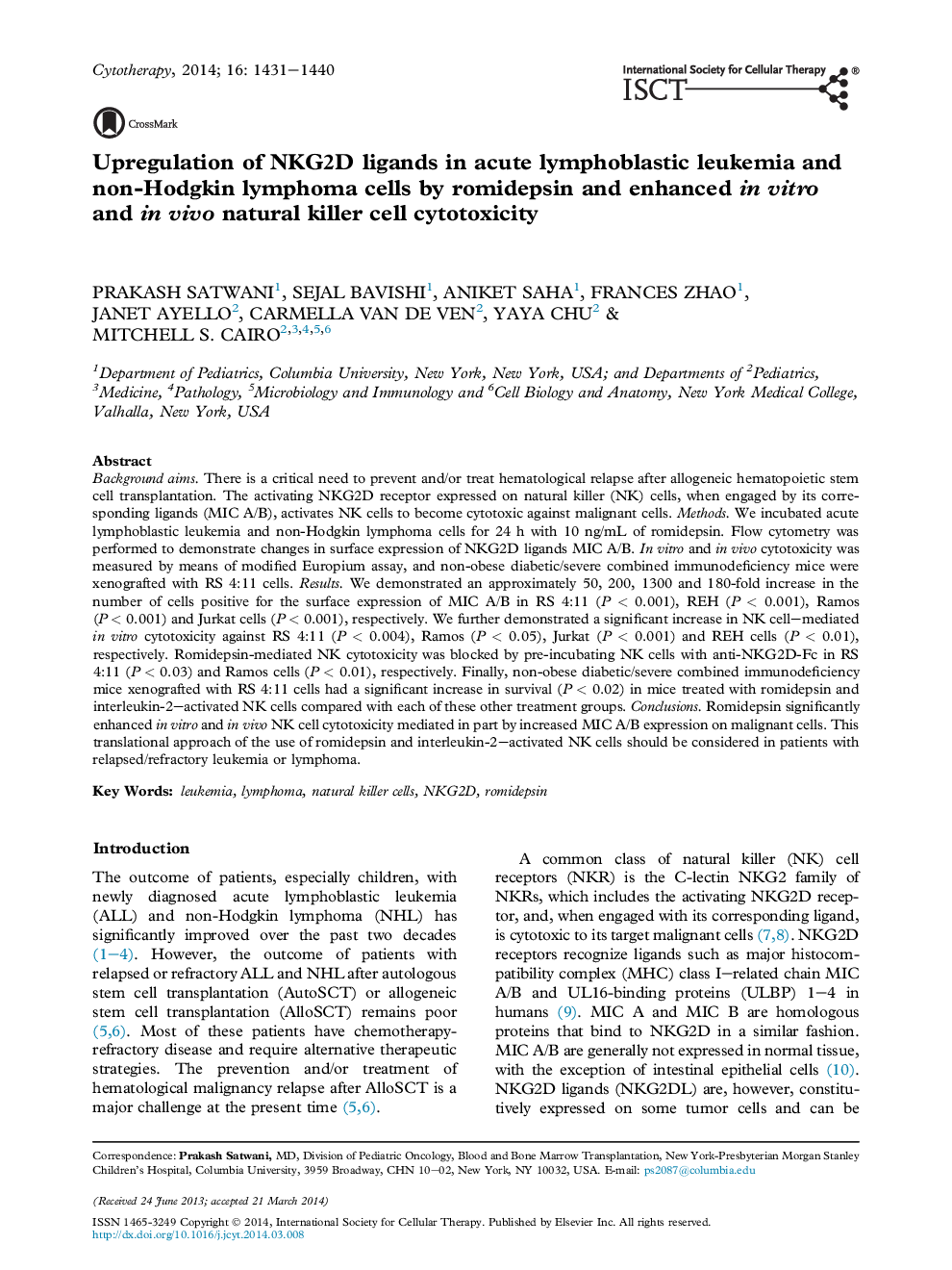 Upregulation of NKG2D ligands in acute lymphoblastic leukemia and non-Hodgkin lymphoma cells by romidepsin and enhanced in vitro and in vivo natural killer cell cytotoxicity