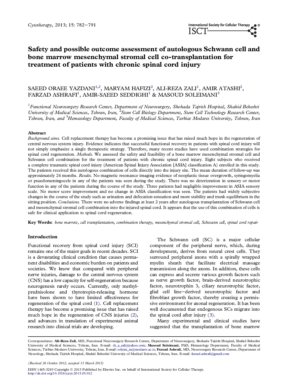 Safety and possible outcome assessment of autologous Schwann cell and bone marrow mesenchymal stromal cell co-transplantation for treatment of patients with chronic spinal cord injury