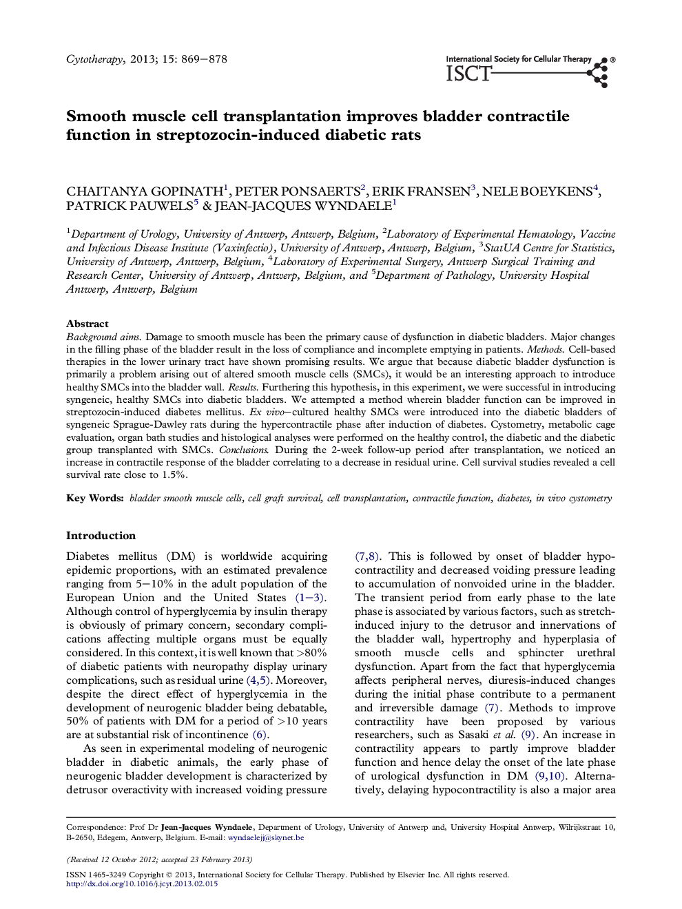 Smooth muscle cell transplantation improves bladder contractile function in streptozocin-induced diabetic rats