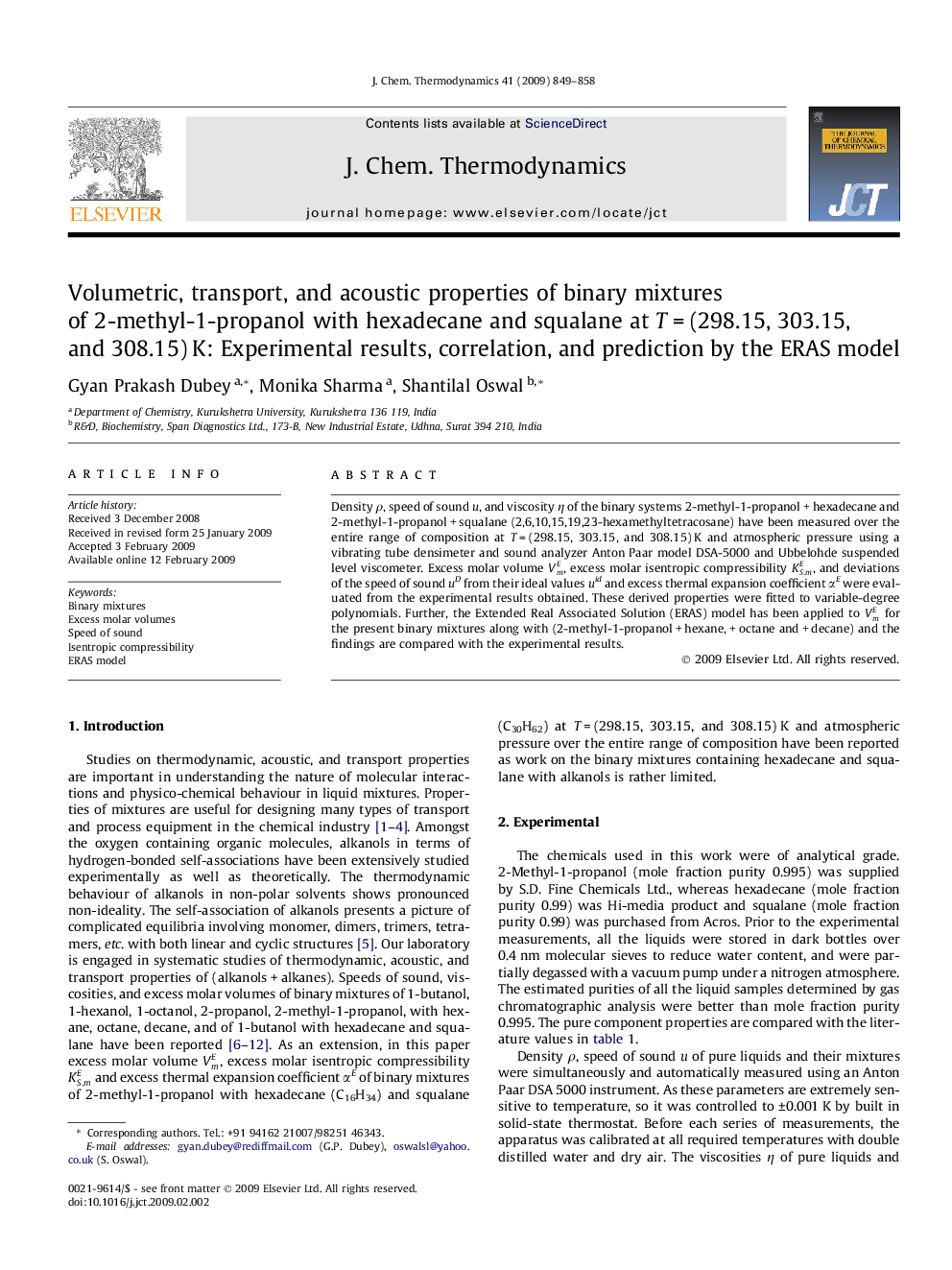 Volumetric, transport, and acoustic properties of binary mixtures of 2-methyl-1-propanol with hexadecane and squalane at T = (298.15, 303.15, and 308.15) K: Experimental results, correlation, and prediction by the ERAS model