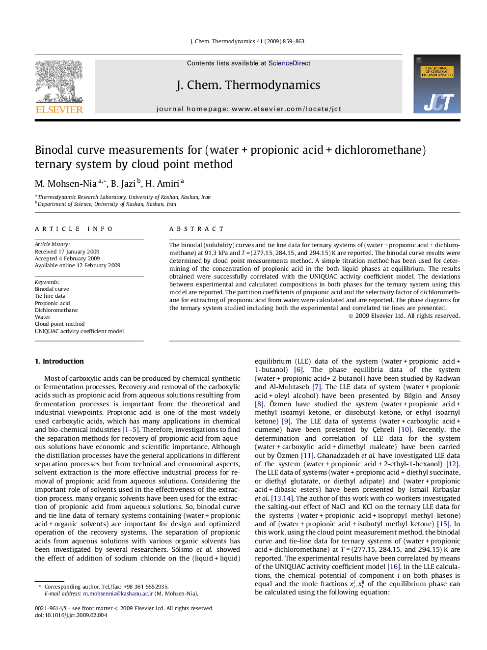 Binodal curve measurements for (water + propionic acid + dichloromethane) ternary system by cloud point method