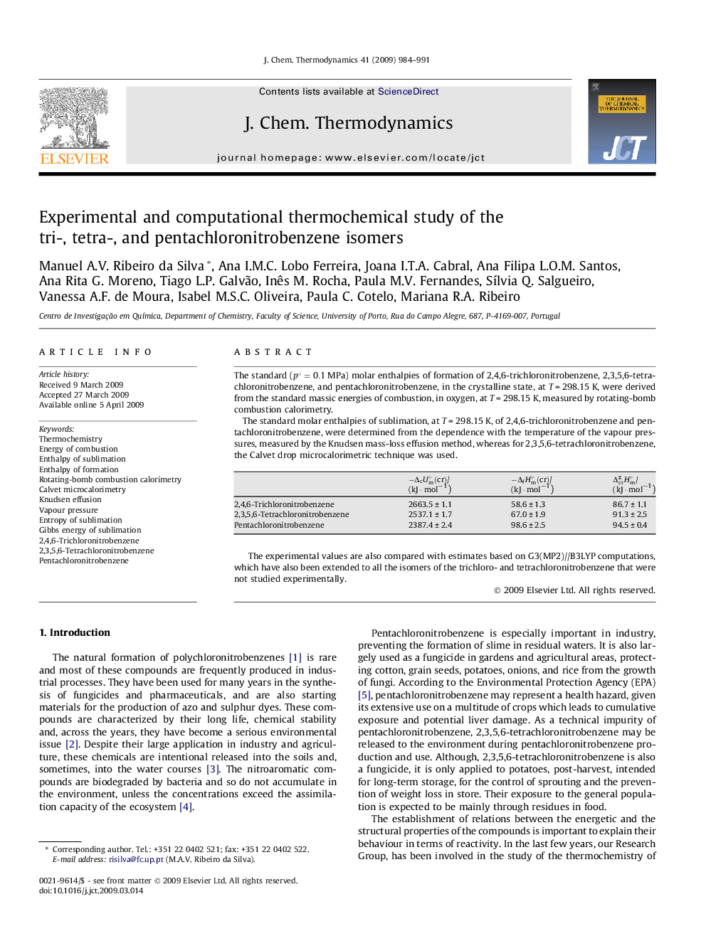 Experimental and computational thermochemical study of the tri-, tetra-, and pentachloronitrobenzene isomers