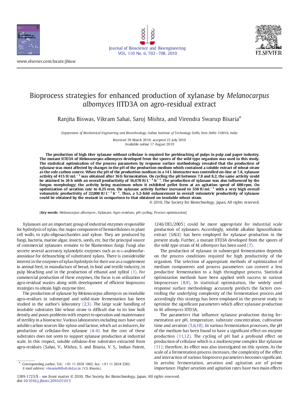 Bioprocess strategies for enhanced production of xylanase by Melanocarpus albomyces IITD3A on agro-residual extract