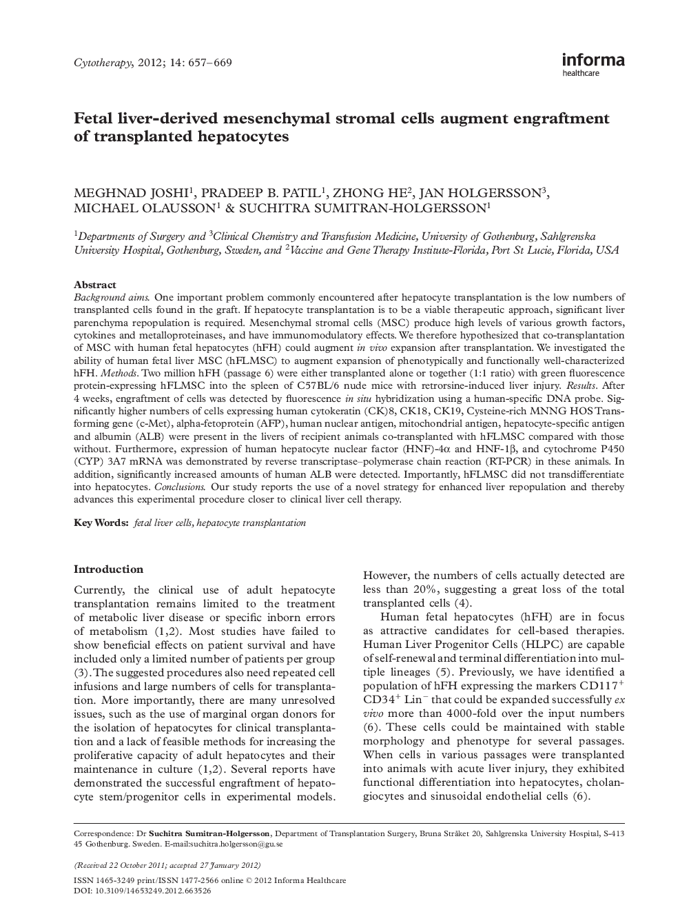 Fetal liver-derived mesenchymal stromal cells augment engraftment of transplanted hepatocytes