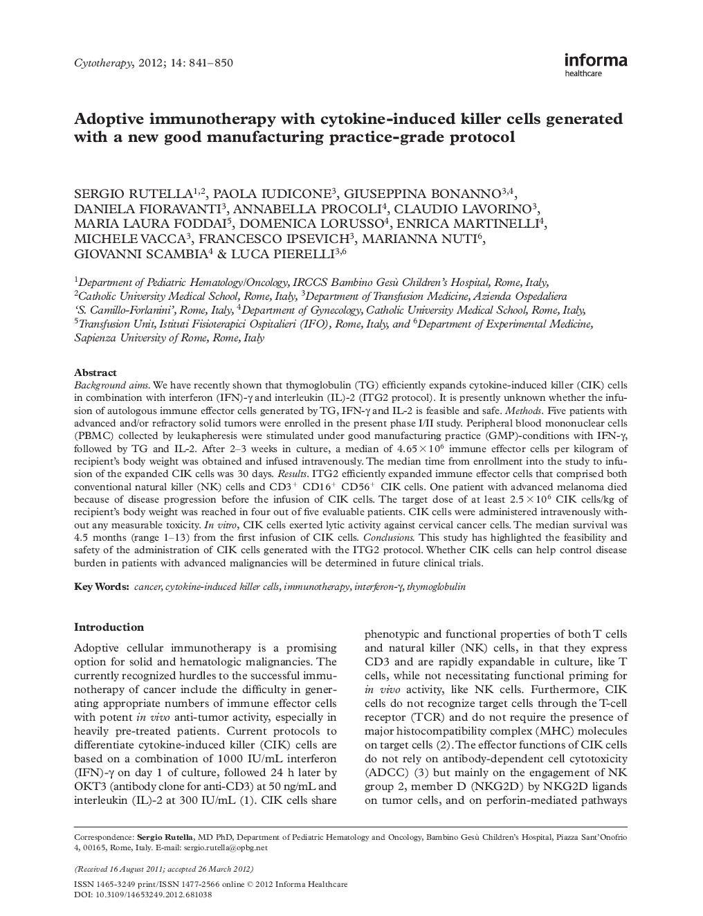Adoptive immunotherapy with cytokine-induced killer cells generated with a new good manufacturing practice-grade protocol