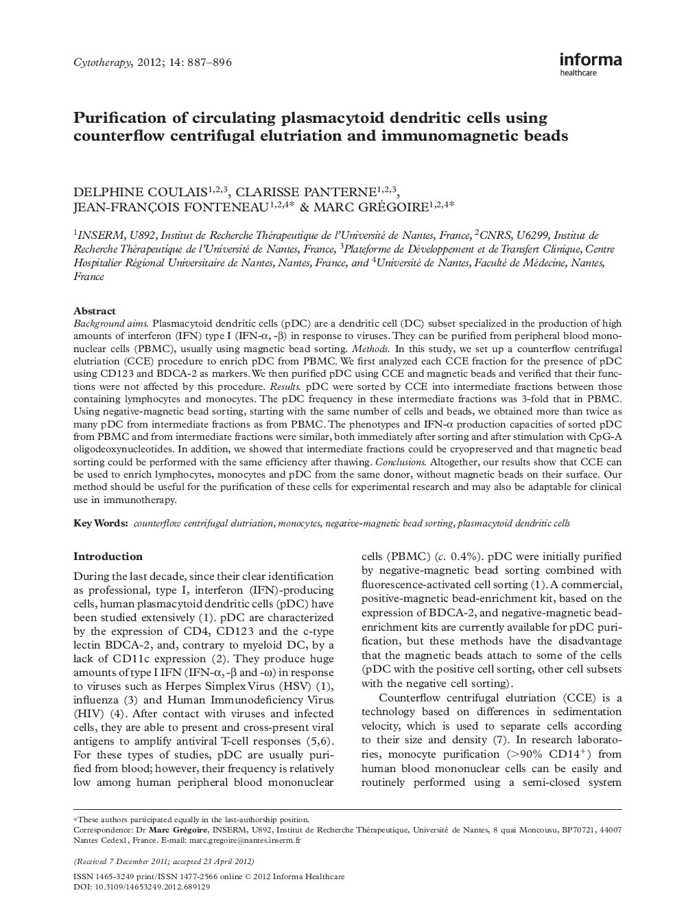 Purification of circulating plasmacytoid dendritic cells using counterflow centrifugal elutriation and immunomagnetic beads