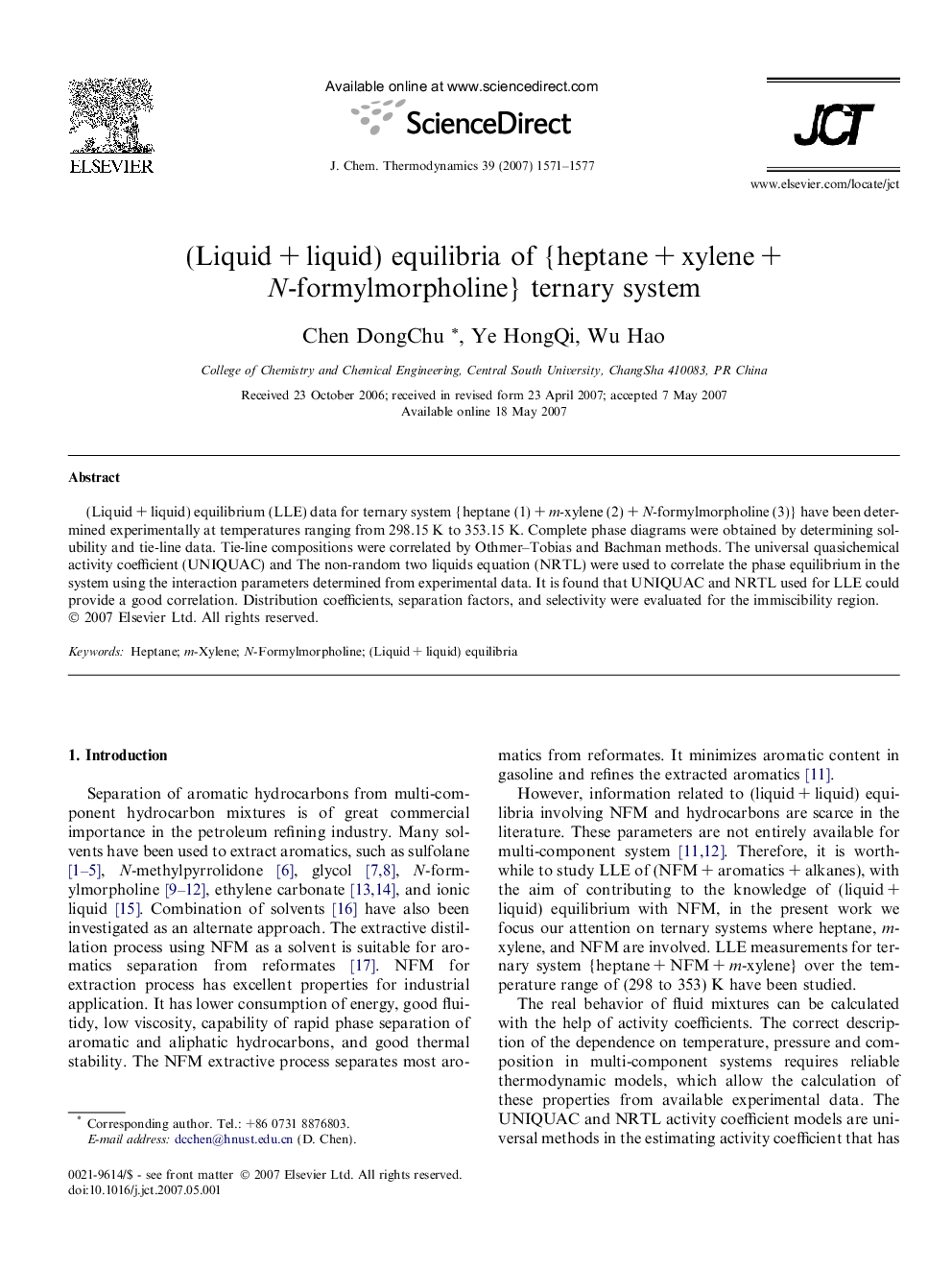 (Liquid + liquid) equilibria of {heptane + xylene + N-formylmorpholine} ternary system