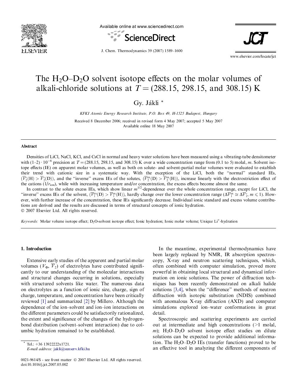 The H2O–D2O solvent isotope effects on the molar volumes of alkali-chloride solutions at T = (288.15, 298.15, and 308.15) K