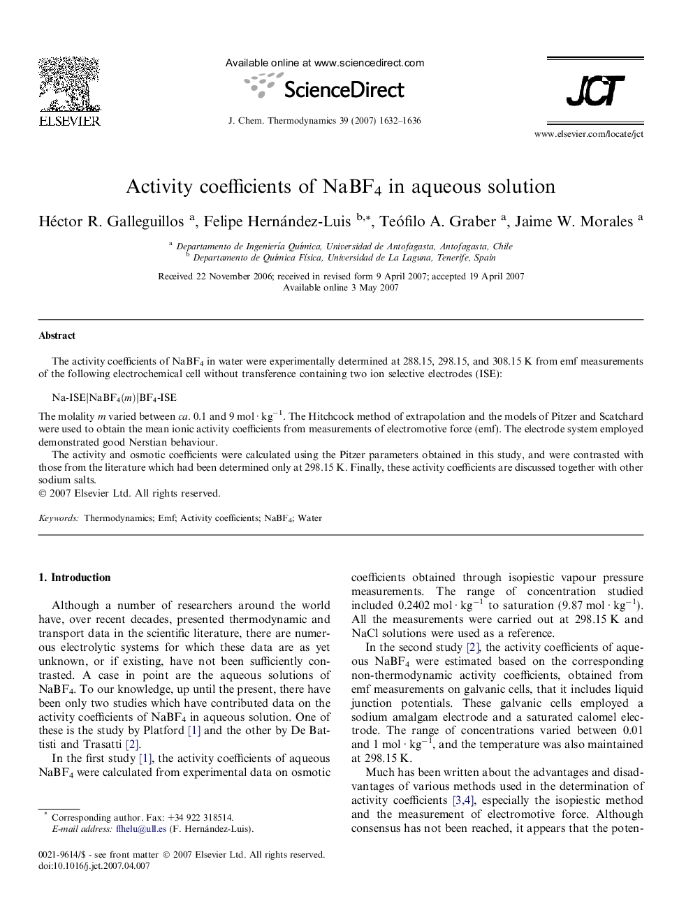 Activity coefficients of NaBF4 in aqueous solution