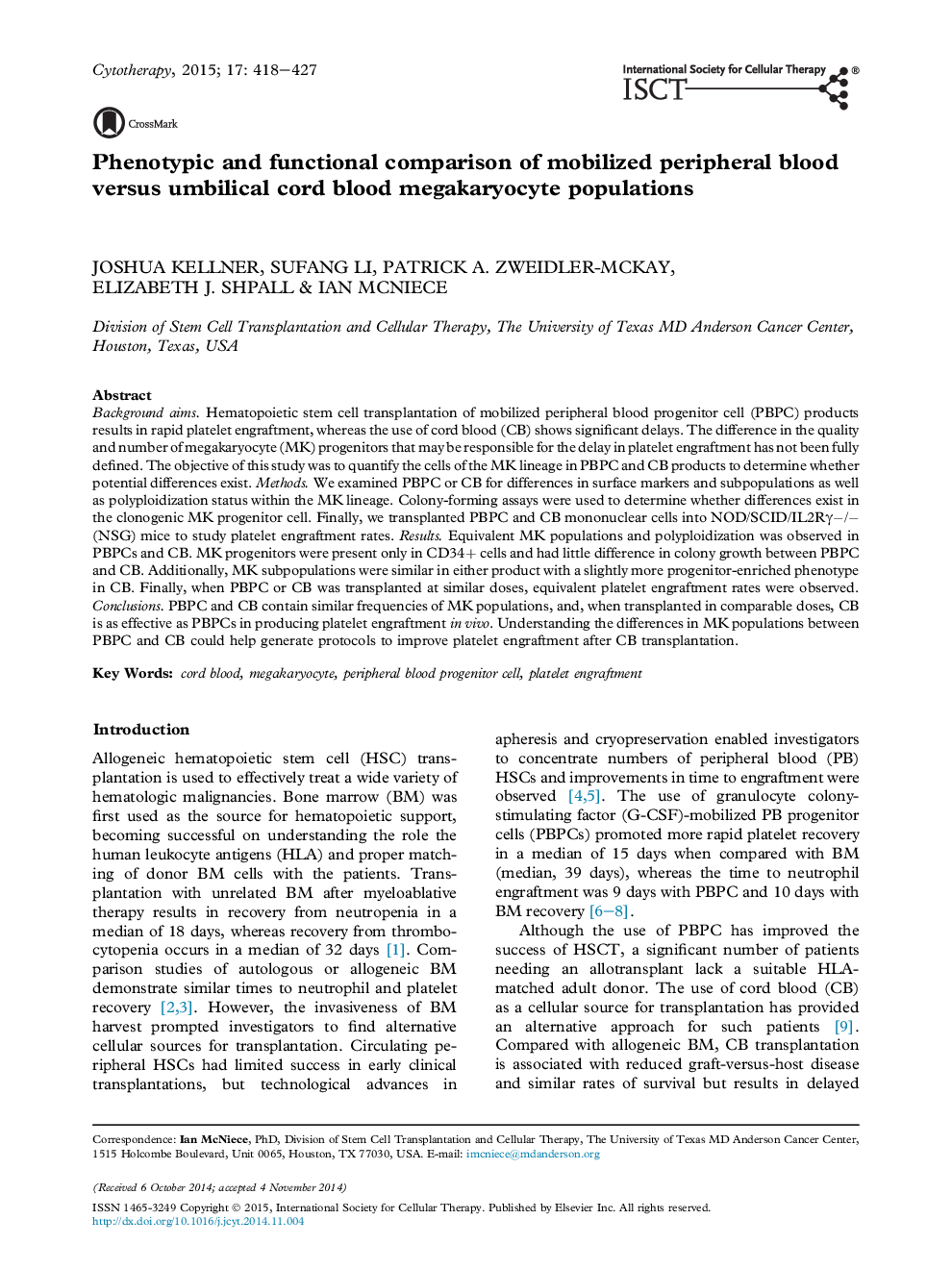 Phenotypic and functional comparison of mobilized peripheral blood versus umbilical cord blood megakaryocyte populations