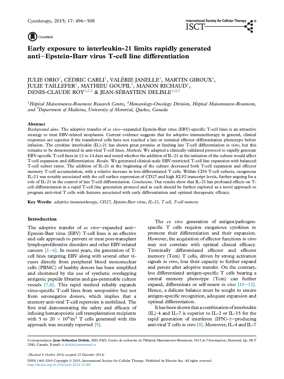 Early exposure to interleukin-21 limits rapidly generated anti–Epstein-Barr virus T-cell line differentiation