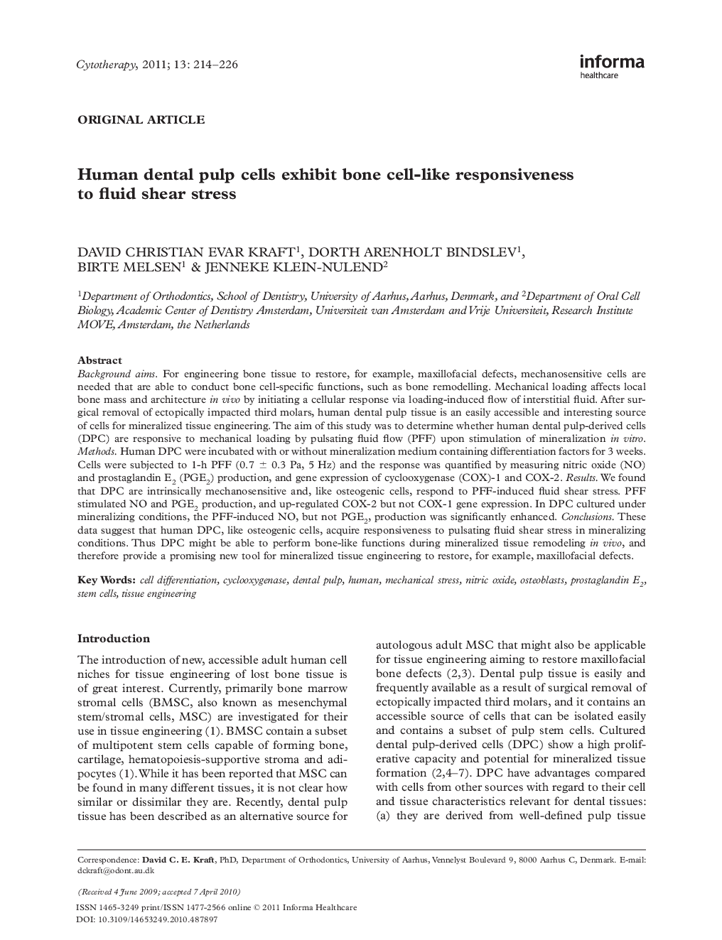 Human dental pulp cells exhibit bone cell-like responsiveness to fluid shear stress