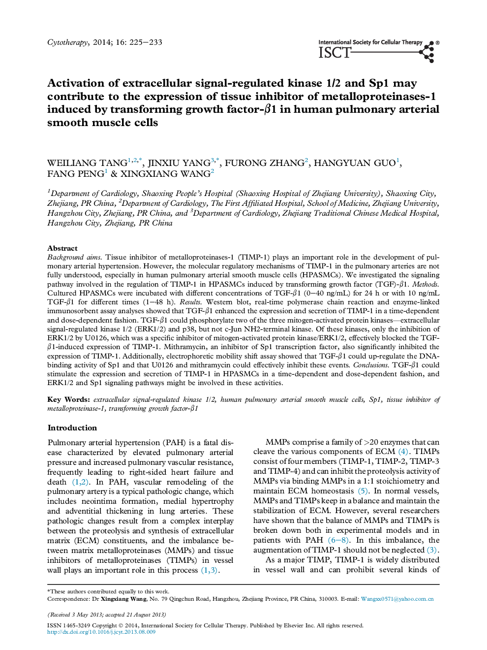 Activation of extracellular signal-regulated kinase 1/2 and Sp1 may contribute to the expression of tissue inhibitor of metalloproteinases-1 induced by transforming growth factor-β1 in human pulmonary arterial smooth muscle cells