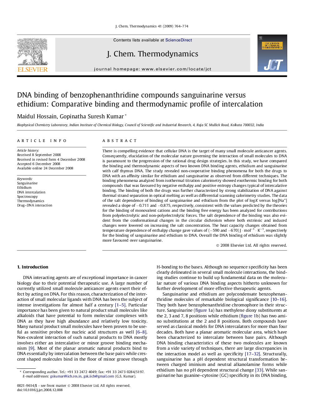 DNA binding of benzophenanthridine compounds sanguinarine versus ethidium: Comparative binding and thermodynamic profile of intercalation