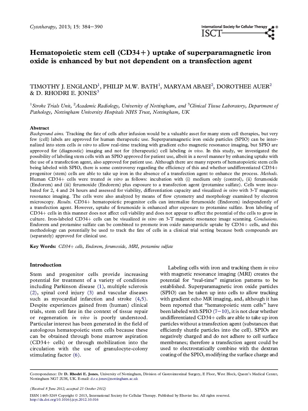 Hematopoietic stem cell (CD34+) uptake of superparamagnetic iron oxide is enhanced by but not dependent on a transfection agent