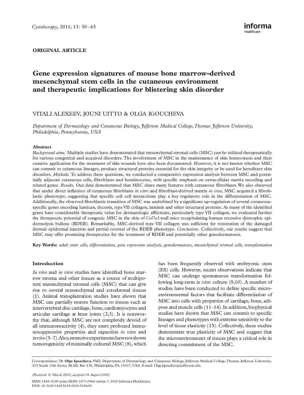 Gene expression signatures of mouse bone marrow-derived mesenchymal stem cells in the cutaneous environment and therapeutic implications for blistering skin disorder