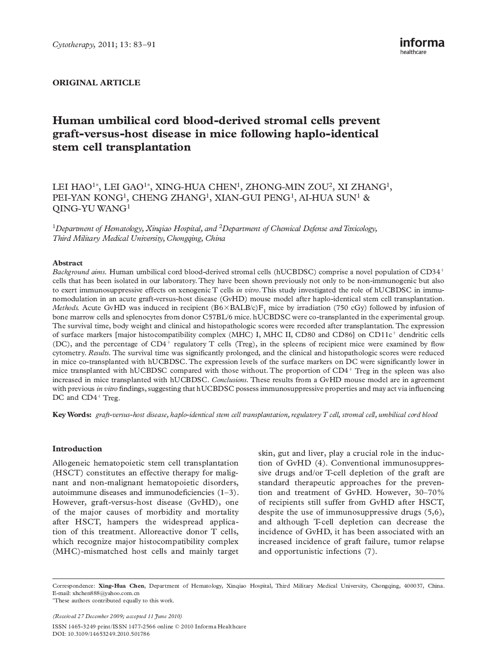 Human umbilical cord blood-derived stromal cells prevent graft-versus-host disease in mice following haplo-identical stem cell transplantation