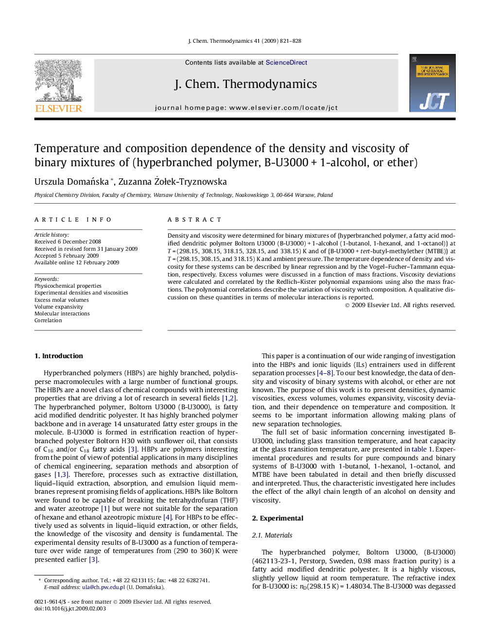 Temperature and composition dependence of the density and viscosity of binary mixtures of (hyperbranched polymer, B-U3000 + 1-alcohol, or ether)