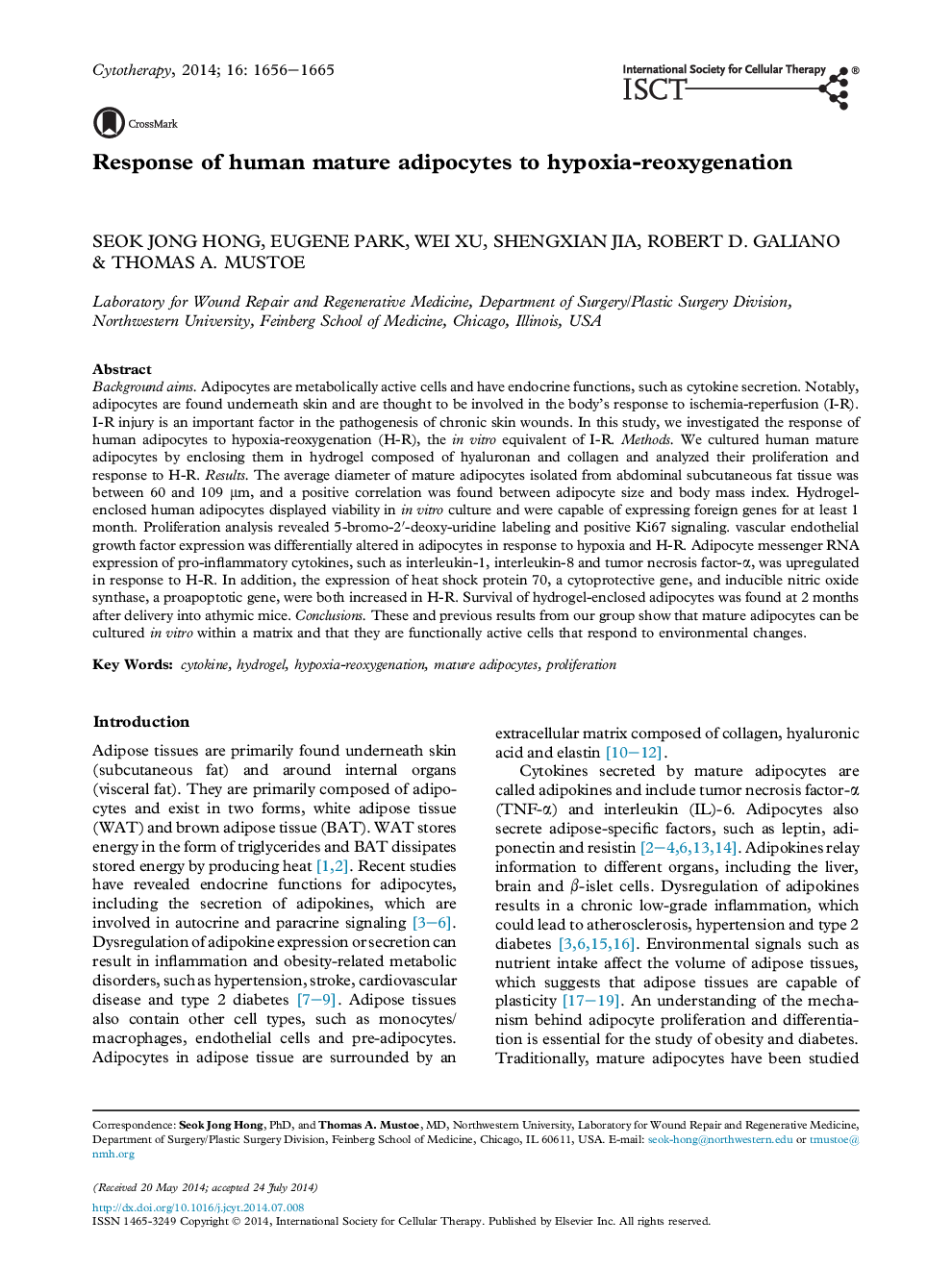 Response of human mature adipocytes to hypoxia-reoxygenation