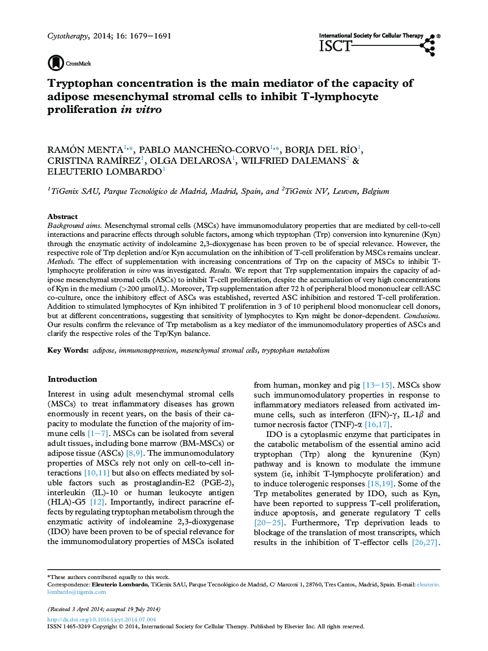 Tryptophan concentration is the main mediator of the capacity of adipose mesenchymal stromal cells to inhibit T-lymphocyte proliferation in vitro