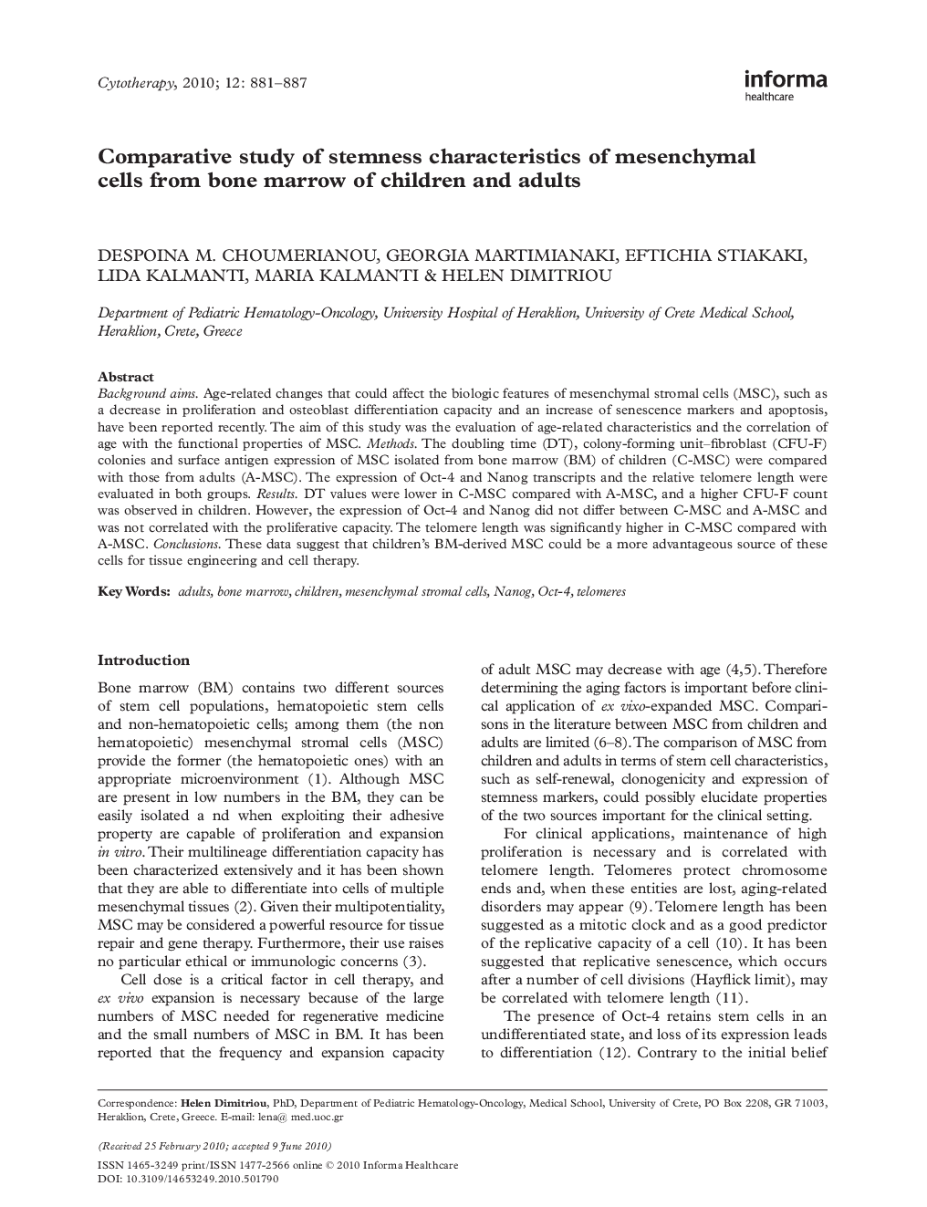 Comparative study of stemness characteristics of mesenchymal cells from bone marrow of children and adults