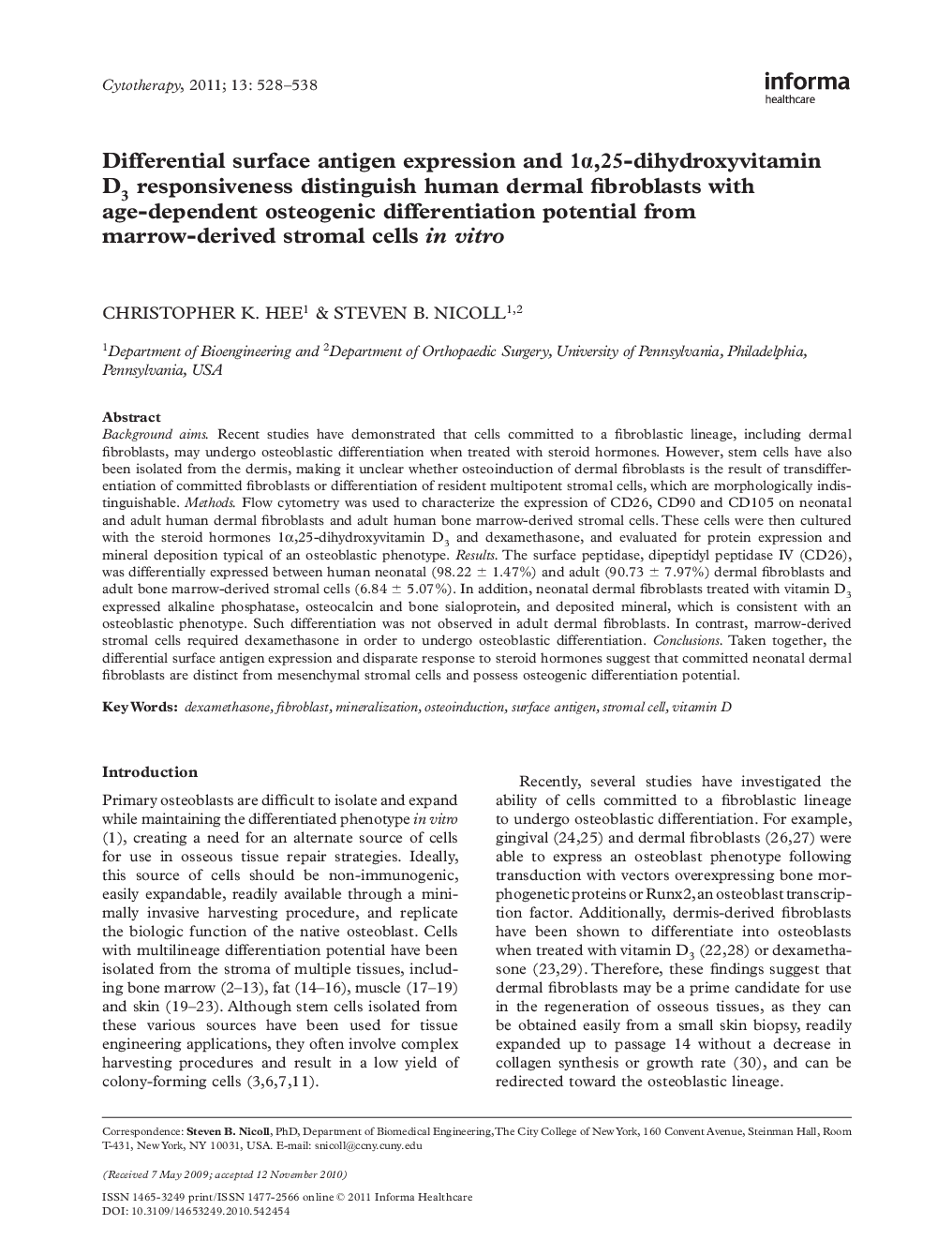 Differential surface antigen expression and 1α,25-dihydroxyvitamin D3 responsiveness distinguish human dermal fibroblasts with age-dependent osteogenic differentiation potential from marrow-derived stromal cells in vitro