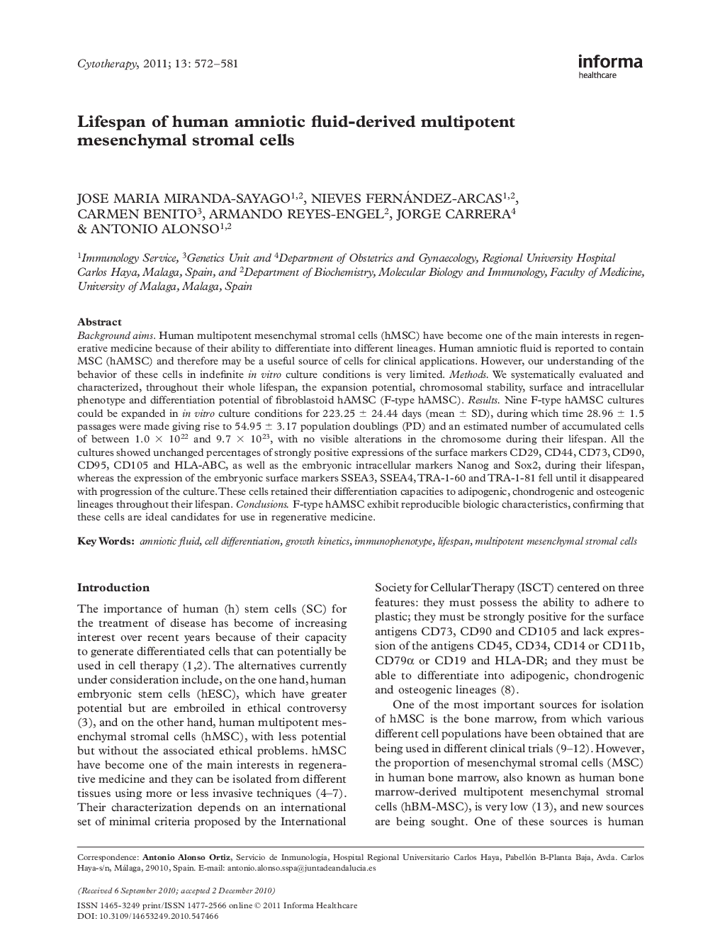 Lifespan of human amniotic fluid-derived multipotent mesenchymal stromal cells