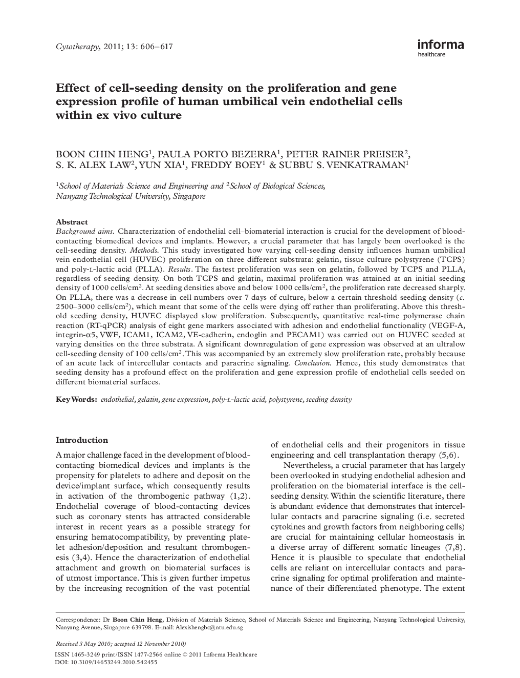 Effect of cell-seeding density on the proliferation and gene expression profile of human umbilical vein endothelial cells within ex vivo culture