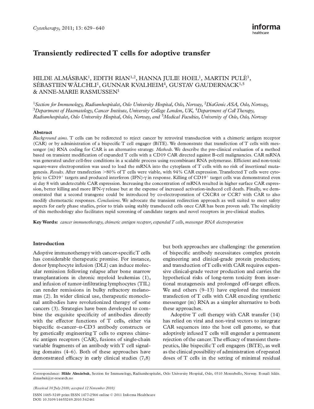 Transiently redirected T cells for adoptive transfer