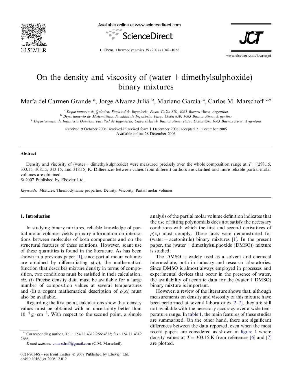 On the density and viscosity of (water + dimethylsulphoxide) binary mixtures