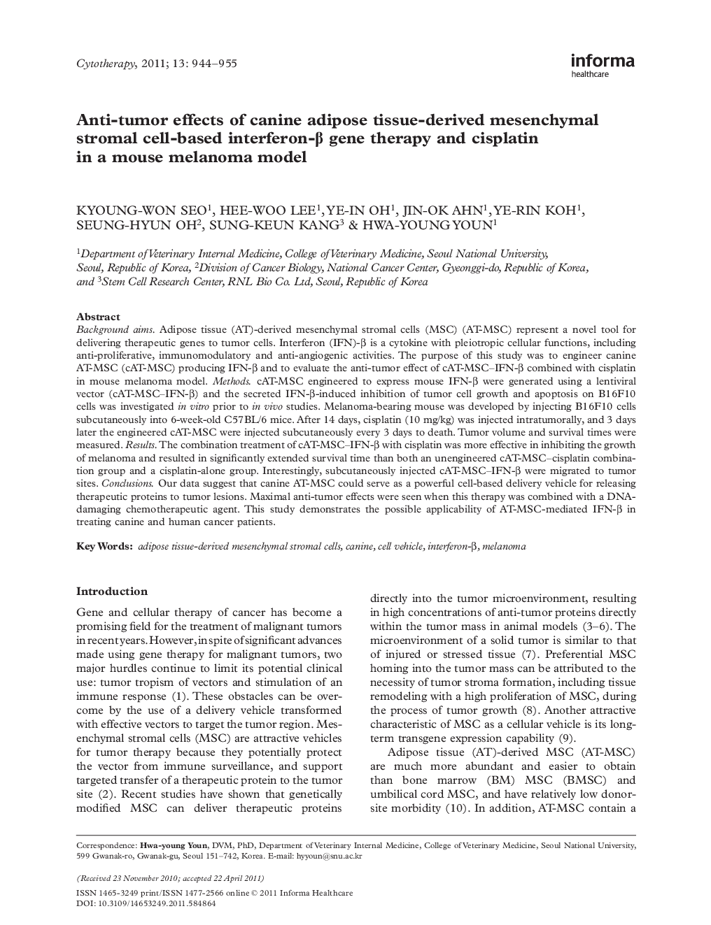 Anti-tumor effects of canine adipose tissue-derived mesenchymal stromal cell-based interferon-Î² gene therapy and cisplatin in a mouse melanoma model