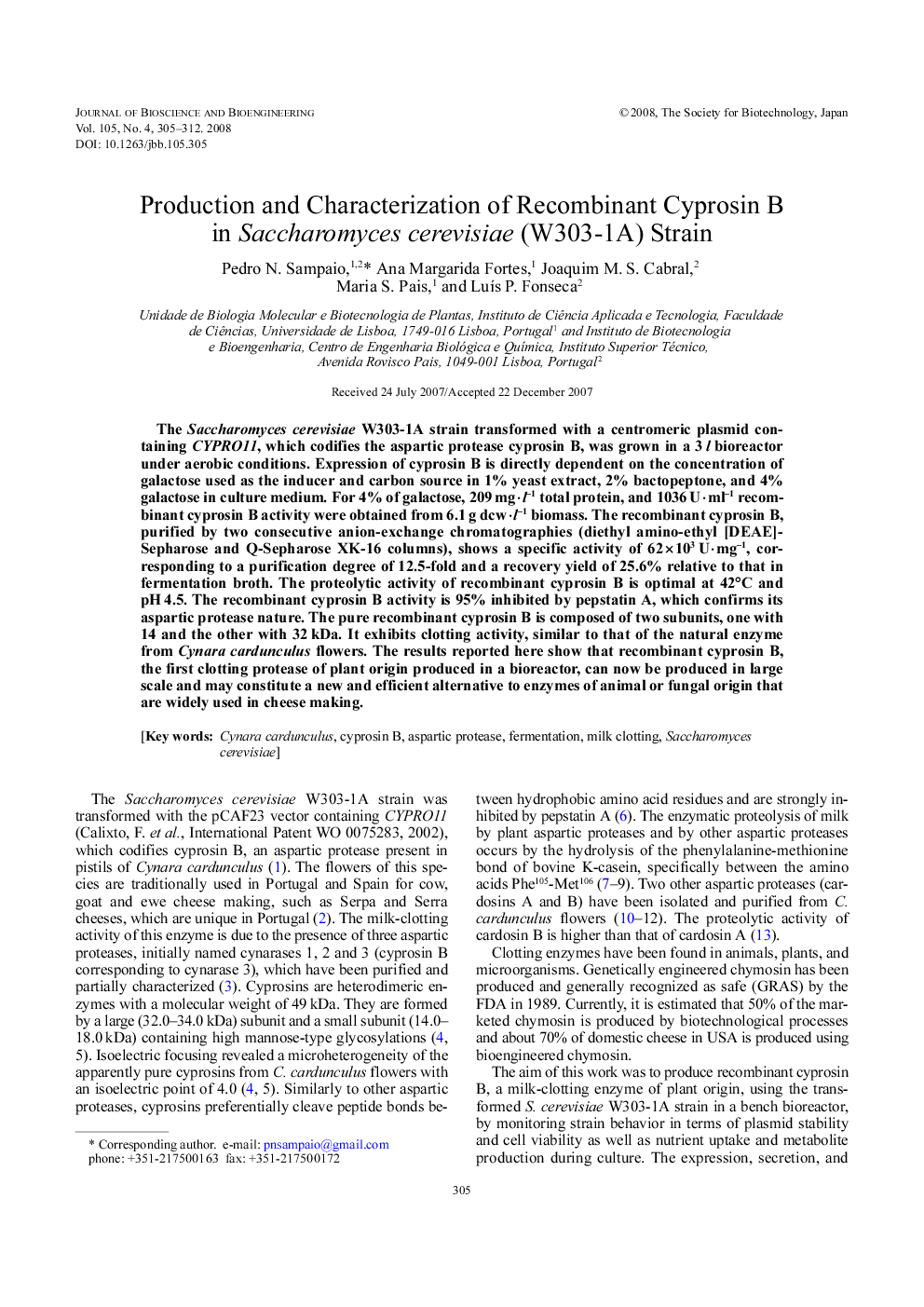 Production and characterization of recombinant cyprosin B in Saccharomyces cerevisiae (W303-1A) strain