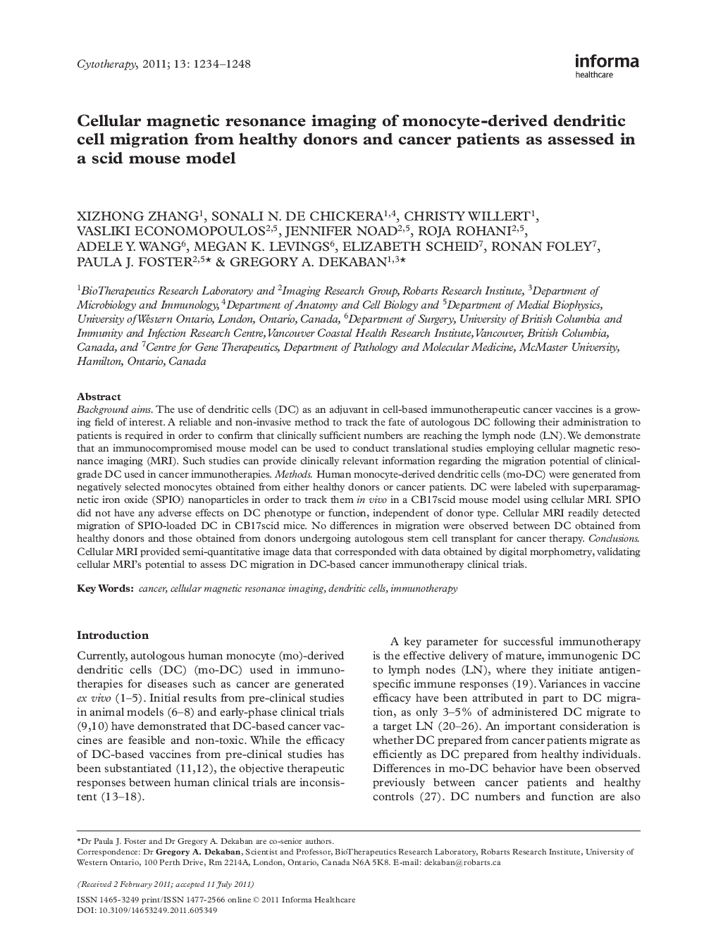 Cellular magnetic resonance imaging of monocyte-derived dendritic cell migration from healthy donors and cancer patients as assessed in a scid mouse model